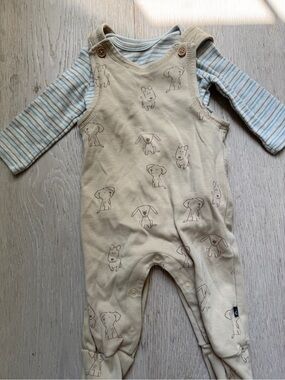 deux par deux Beige Puppy-Print Baby Overalls with Striped Bodysuit